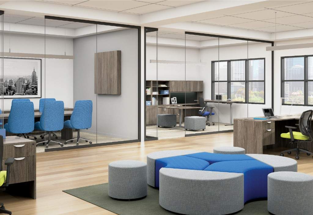 Tables, chairs, and desks in a modern business environment